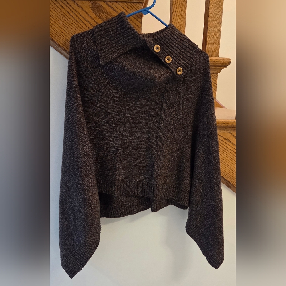Elegant Dark Gray Cowl Neck Sweater with Button Accents